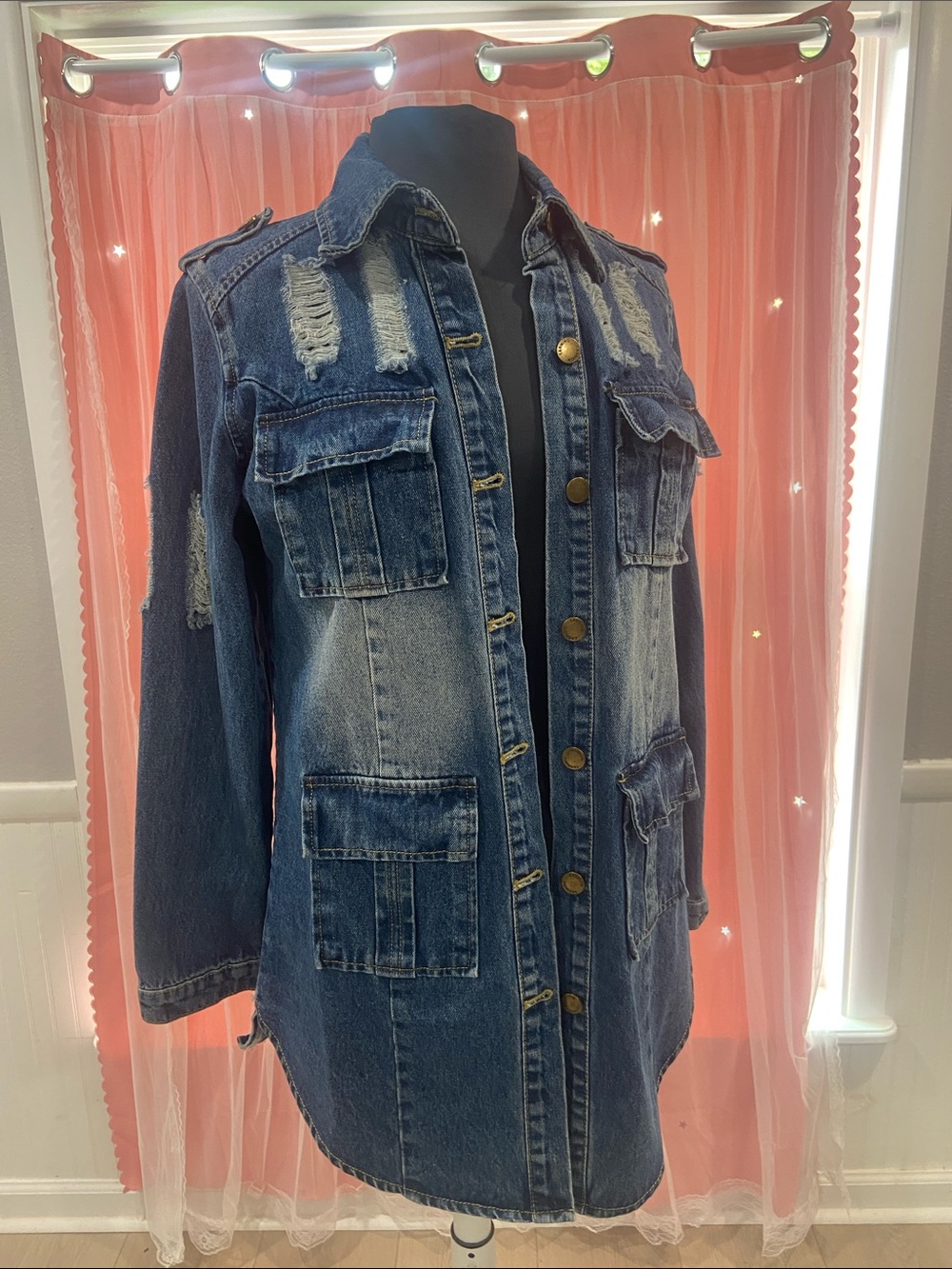 Washed Blue Distressed Long Denim Jacket with Patch Pockets size M